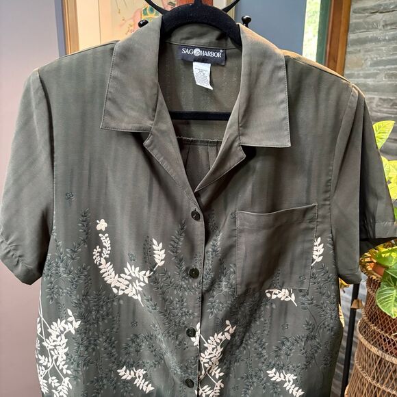Women's Sag Harbor Olive Green Gradient Botanical Print Button Up Blouse size 16 - Picture 4 of 7